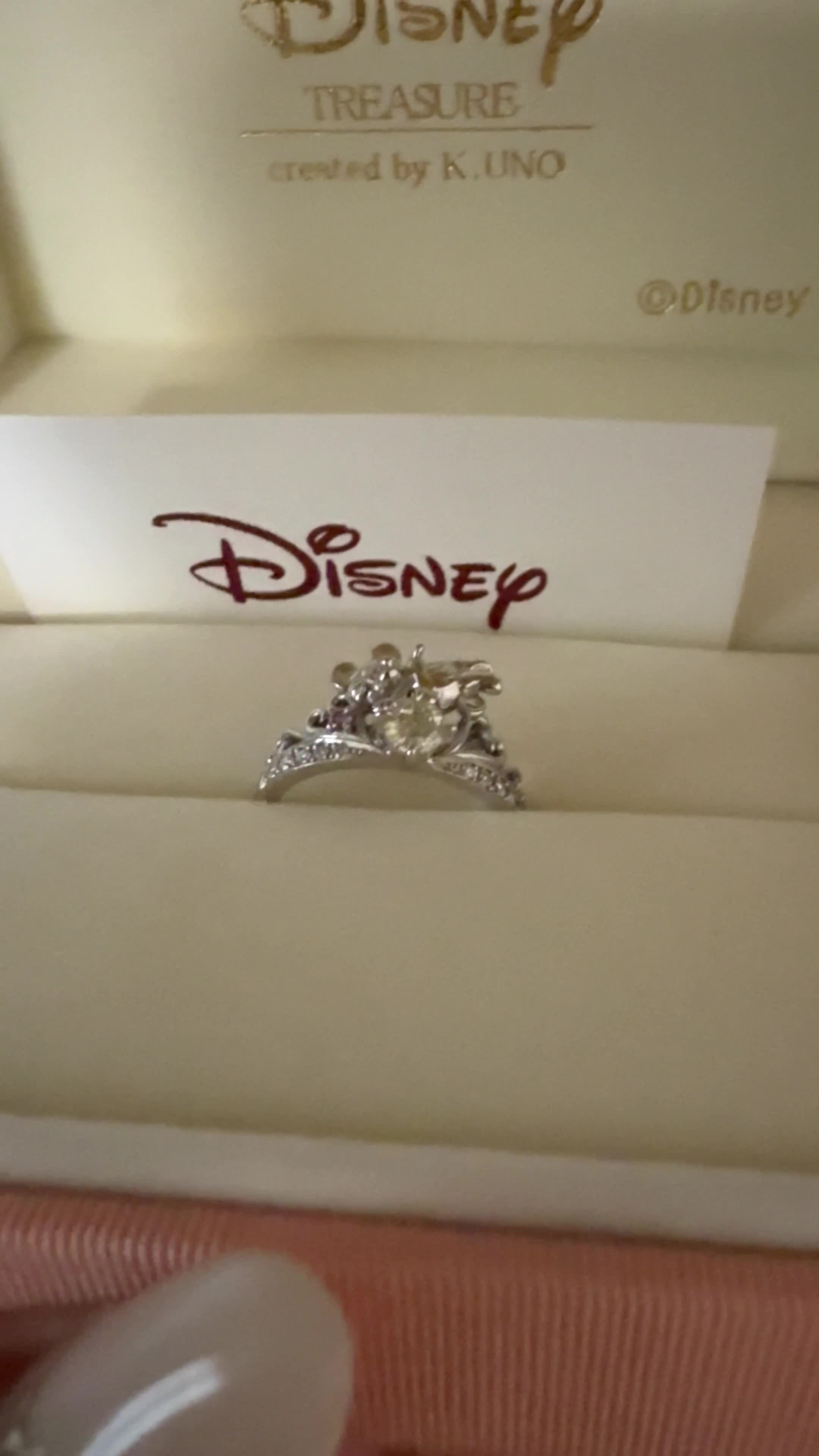 可愛い箱に入った婚約指輪です。ダイヤもミッキーです