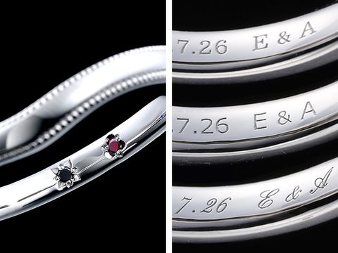 【サイズ・刻印・シークレットストーンを選ぶ】
［サイズ］0.5号刻みでおつくりできます。［レーザー刻印]3種のフォントからお選びいただけます。[シークレットストーン]18種類からお選びいただけます。　※いずれも詳細は店舗でご確認ください。
