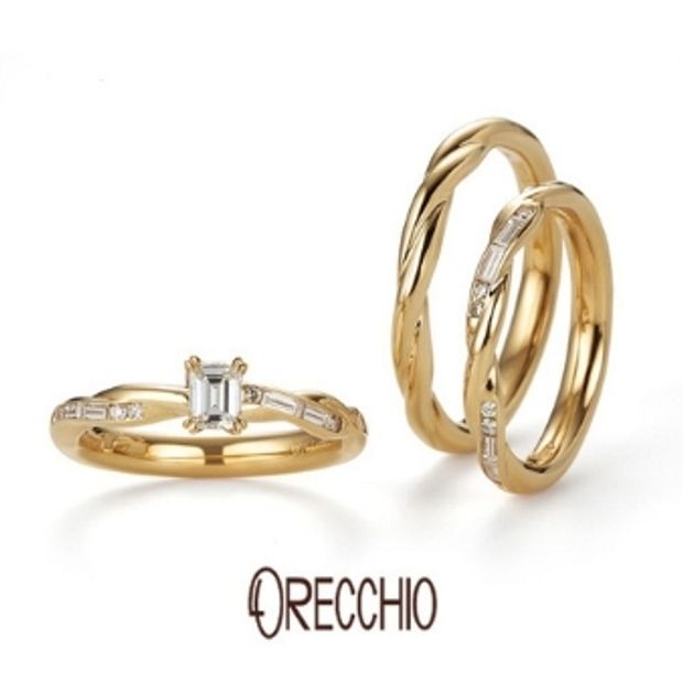 【ORECCHIO(オレッキオ)】クローブ～流れるような曲線の中に四角いバゲットカットダイヤを配置した結婚指輪