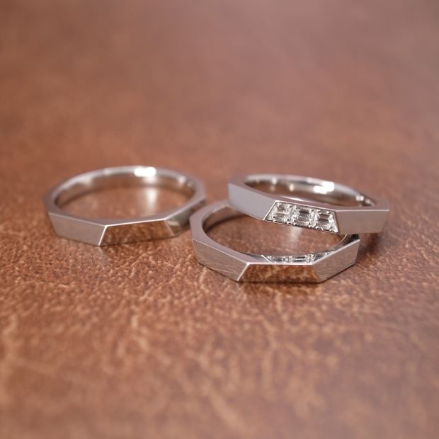 【ORECCHIO(オレッキオ)】台形の面が織りなすエッジのきいた稜線がシャープな印象の結婚指輪。シャンパンゴールドの趣のある色合いで柔らかさを演出＜safari～サファリ＞結婚指輪 FM-2228-K/CH　FM-2227-K/CH