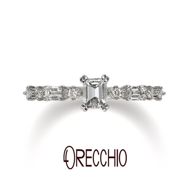 【ORECCHIO(オレッキオ)】＜pipi～ピピ＞四角いダイヤの全てがエメラルドカットダイヤで揃えられているこだわりの婚約指輪。PE-1408-P