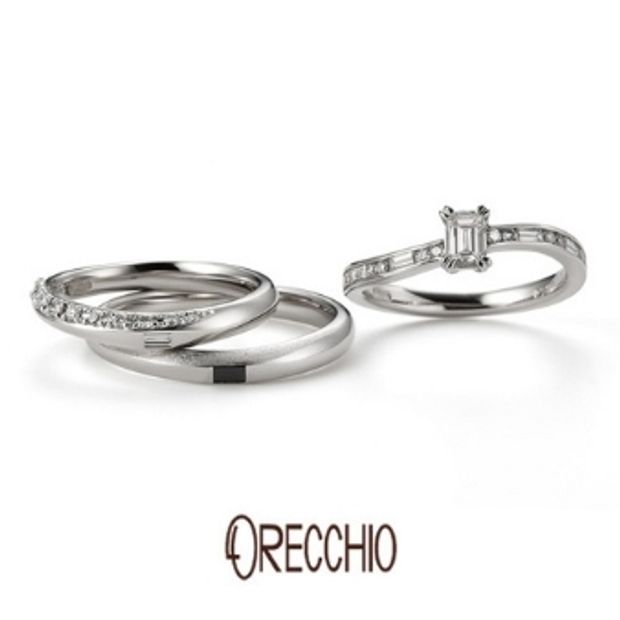 【ORECCHIO(オレッキオ)】サンダルウッド～Ｓ字の曲線の中に丸と四角のダイヤが流れるように留められた婚約指輪