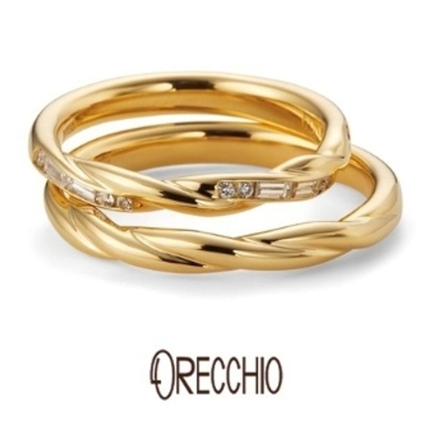 【ORECCHIO(オレッキオ)】クローブ～流れるような曲線の中に四角いバゲットカットダイヤを配置した結婚指輪
