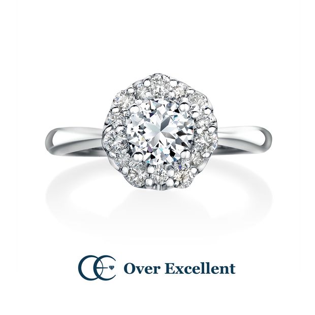 【Over Excellent(オーバーエクセレント)】【Bouquet ブーケ -幸せを運ぶ花束-】煌めくセンターダイヤモンドをメレダイヤモンドで繊細に縁取った、まるでウェディングブーケのように優美な印象のリング。
