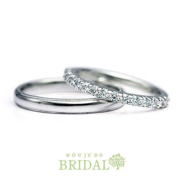 【宝寿堂(ほうじゅどう)】縁にラインの入ったシンプルな丸みのあるストレートリング＆ メレダイヤの輝きが豪華なエタニティリングです。