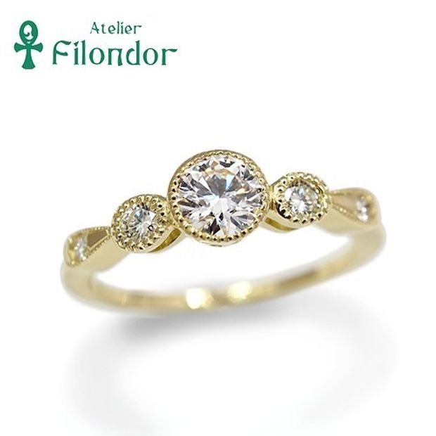 【アトリエフィロンドール】【アトリエ・フィロンドール】HISTOIRE アンティークレースのようなミル打ちとダイヤを埋め込んだベゼルセッティングが魅力のエンゲージリング Julie -ジュリー-