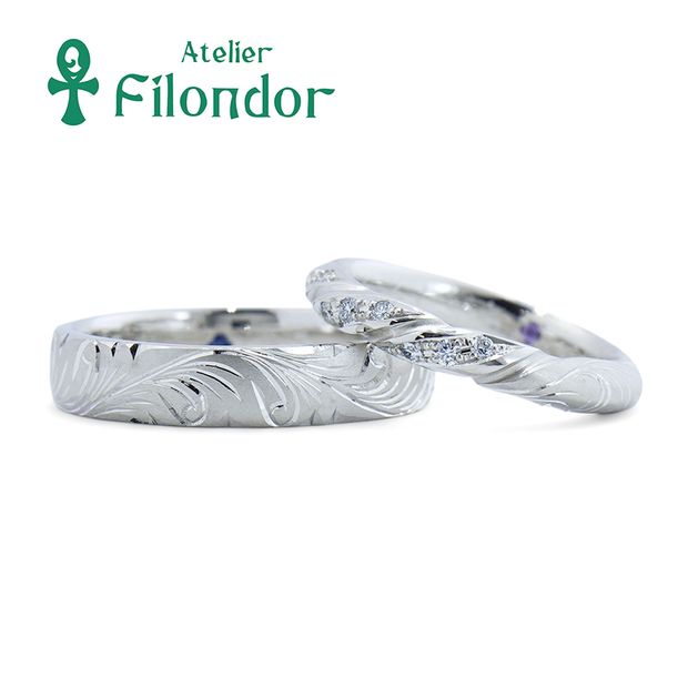 【アトリエフィロンドール】【アトリエ・フィロンドール】フルオーダー 彫刻とツイストライン＆ダイアモンドの結婚指輪