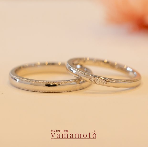 【ジュエリー工房 YAMAMOTO】【ミルグレイン ダイヤモンド3Pセット 】鍛造製法によるマリッジリング