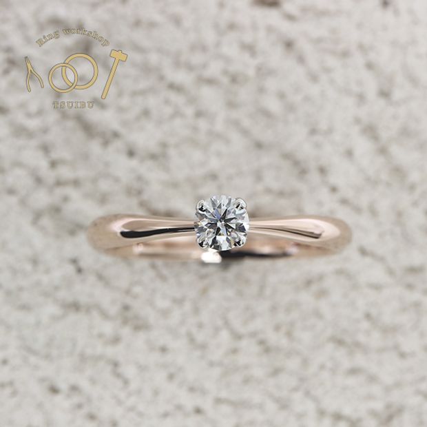 【ついぶ工房】【想いを込めた手作り婚約指輪】プラチナ/K18ピンクゴールド・甲丸型・4本爪・鏡面仕上げ