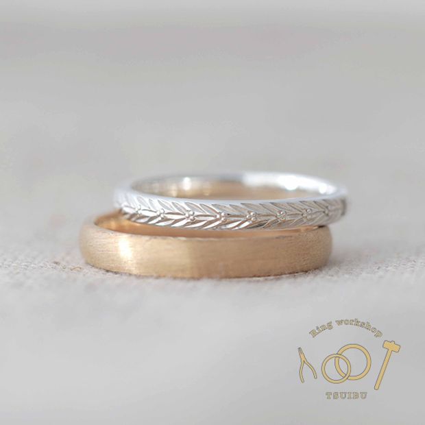 【ついぶ工房】【二人の想いが詰まった手作り結婚指輪】プラチナ/K18イエローゴールド・甲丸型・手彫り・マット仕上げ