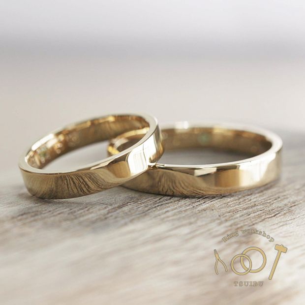 【ついぶ工房】【二人の想いが詰まった手作り結婚指輪】K18イエローゴールド・平打型・鏡面仕上げ