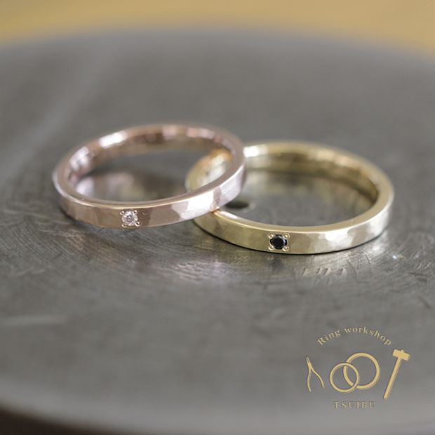 【ついぶ工房】【二人の想いが詰まった手作り結婚指輪】K18イエローゴールド/K18ピンクゴールド・槌目型・マット仕上げ
