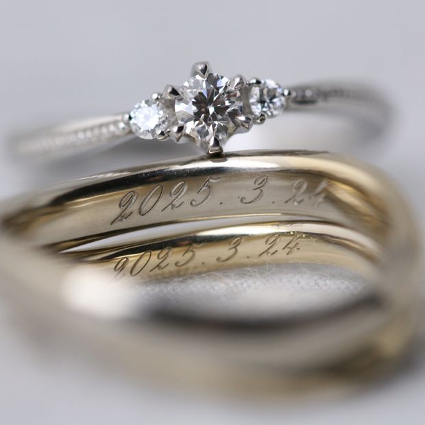 【atelier Kiona(アトリエキオナ)】【オーダーメイド】ミルグレインでクラシカルに！コンビネーションのマリッジリングと重ね付け♪