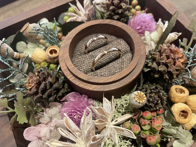 ピンクゴールドは外に石をイエローゴールドは中に石をいれました