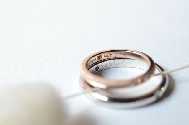 イニシャル、入籍日、誕生石を自分達の手書きデザインで入れた。