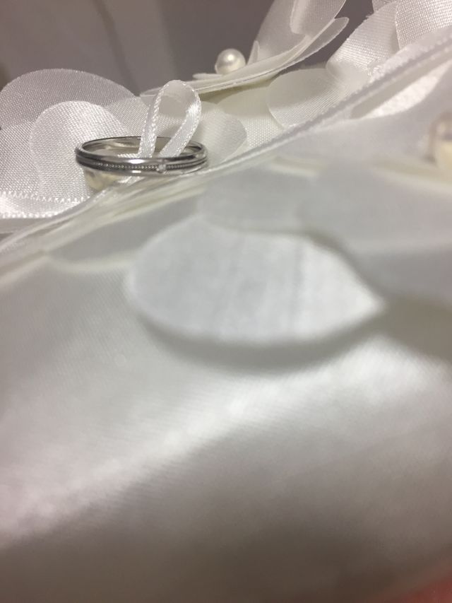 購入特典でいただいたリングピローに乗せて撮ったものです。