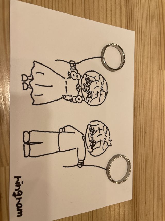 作った当日の写真
指輪のデザインは小さな四角の模様をつけた
