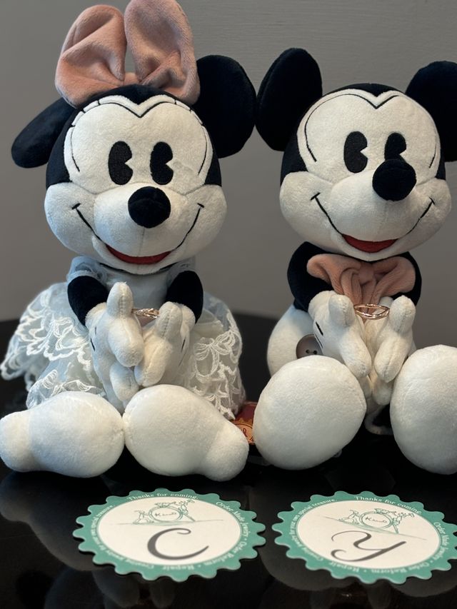 ミッキー、ミニーが指輪を持っています。
