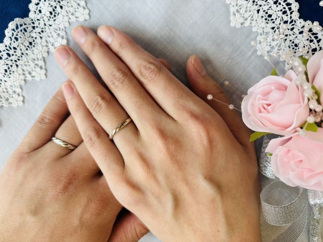 仕上がった指輪を付けて、購入店舗で撮っていただきました。