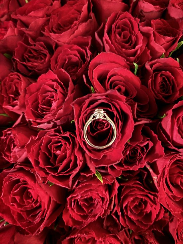 婚約指輪の横からの写真と薔薇の花束