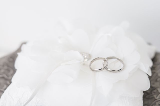 結婚式の日にリングピローに乗せた指輪を撮っていただきました、