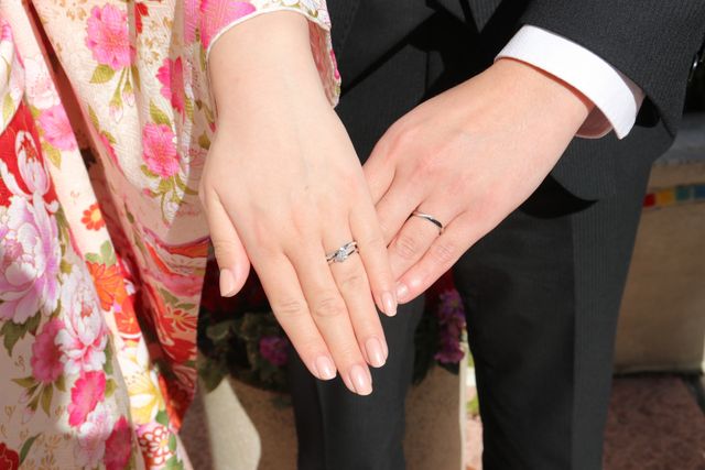 結納時の婚約指輪、結婚指輪の着用写真