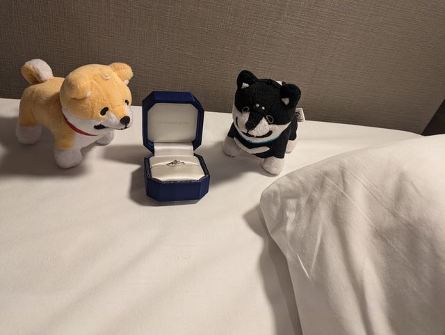 プロポーズ直後のホテルで撮った写真を。しばんばんと一緒に