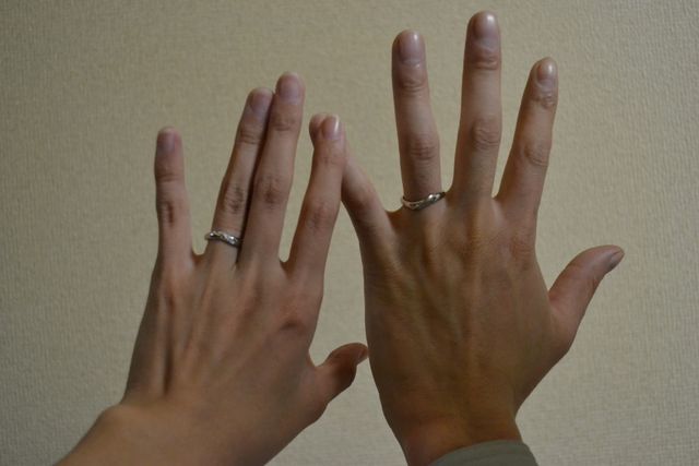 ダイヤが入ってる部分、主人の方はつや消しのデザイン。