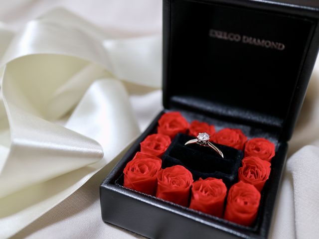 バラ入りの可愛いボックスで指輪がさらに映えて豪華な印象