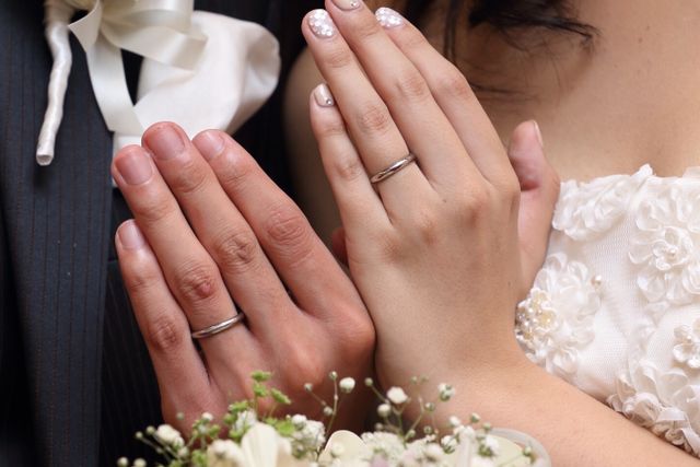 結婚式で撮影してもらった指輪着用写真です。