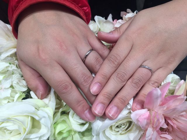 私はマット加工でライン入れ。妻はピンクダイヤモンドを中心に。