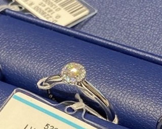 一石のダイヤモンドを取り囲む小さなストーンも一緒に輝く指輪