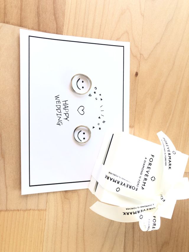 指輪とボックスと店舗で頂いたカードです。