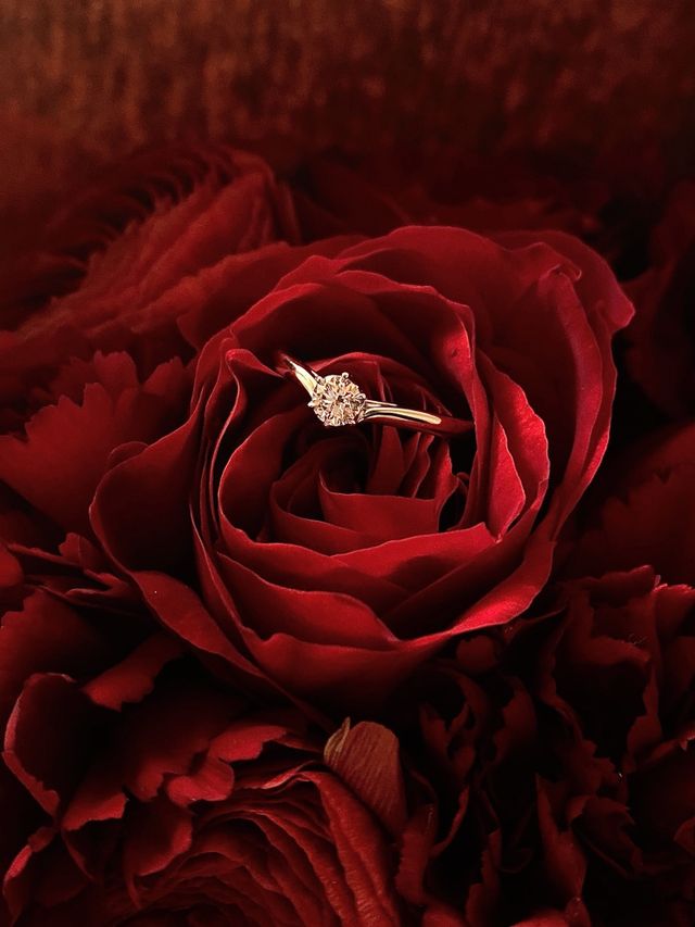 指輪と一緒にいただいたバラの花束と一緒に