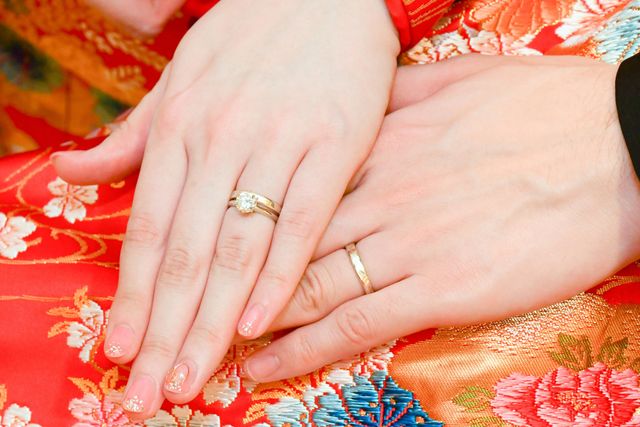 指輪は銀色ですが、写真の写りによっては金色っぽくも見えます。