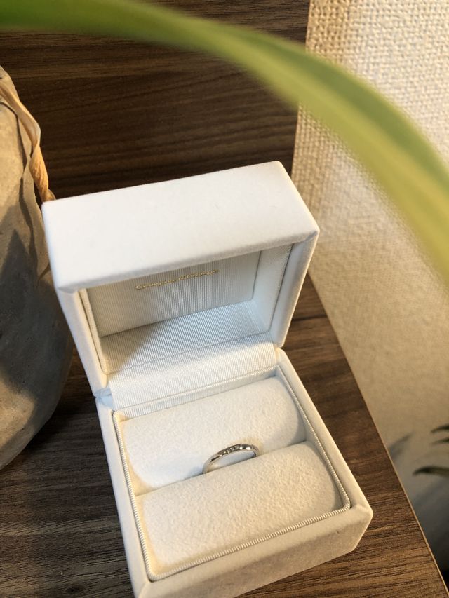 3石の小さなダイヤモンドが斜めに配置されたシンプルリング。