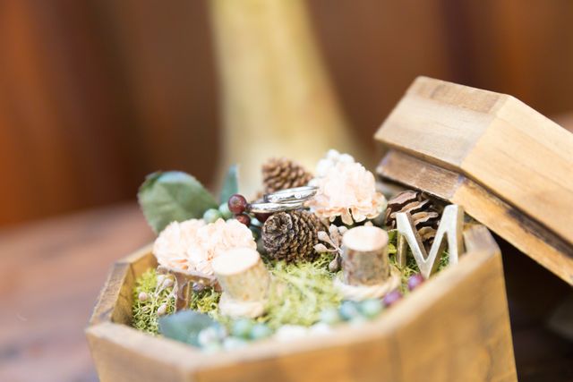 挙式の際に使用したリングピローにのせている写真