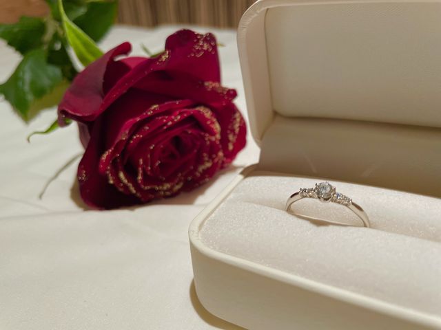 プロポーズの時にもらったバラ一輪と、婚約指輪の写真です。