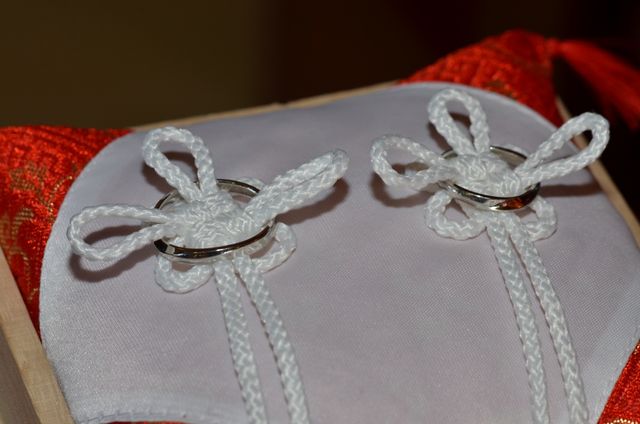 結婚式の指輪交換の際、台にセットした写真