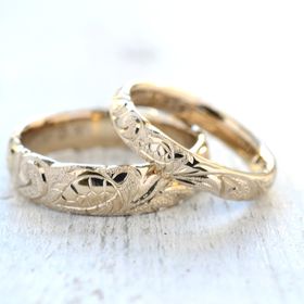 【手作り結婚指輪デザインワックスコース】波模様スクロールを手彫り彫刻したハワイアンな手作り結婚指輪