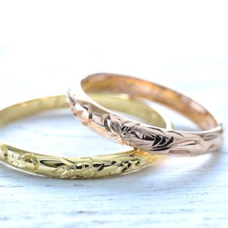【湘南彫金工房 andfuse】【手作り結婚指輪デザインワックスコース】ハイビスカスとホヌを彫刻した18金ピンクゴールド＆18金イエローゴールドの手作り結婚指輪