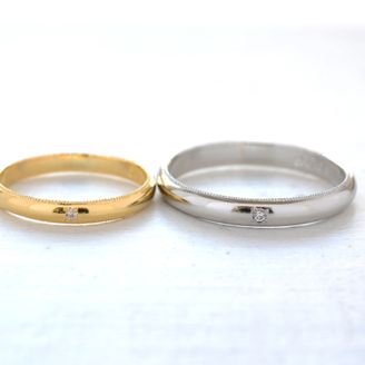 【湘南彫金工房 andfuse】【手作り結婚指輪ミルグレインコース】気品のあるミルグレイン加工を1列施してセンターにダイアモンドをセットした素敵な結婚指輪です。