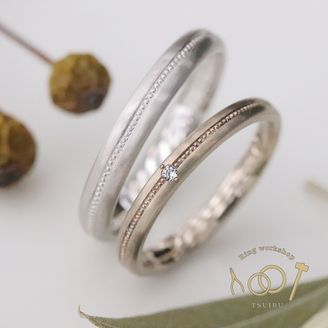 【ついぶ工房】 【二人の想いが詰まった手作り結婚指輪】プラチナ/K18ホワイトゴールド・甲丸型・ミルグレイン・マット仕上げ