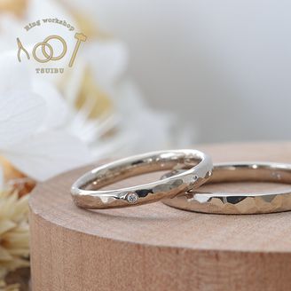 【ついぶ工房】【二人の想いが詰まった手作り結婚指輪】K18ホワイトゴールド・槌目型/甲丸槌目型・鏡面仕上げ