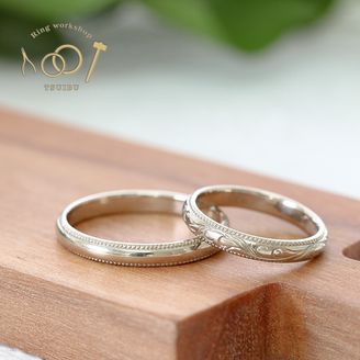 【ついぶ工房】【二人の想いが詰まった手作り結婚指輪】K18ホワイトゴールド・甲丸型・手彫り/ミルグレイン・鏡面仕上げ