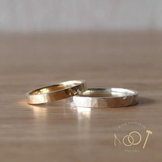 【ついぶ工房】【二人の想いが詰まった手作り結婚指輪】プラチナ/K18イエローゴール・槌目型・マット仕上げ