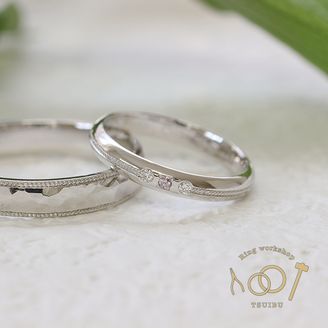 【ついぶ工房】 【二人の想いが詰まった手作り結婚指輪】プラチナ・槌目型/甲丸型・ミルグレイン・鏡面仕上げ