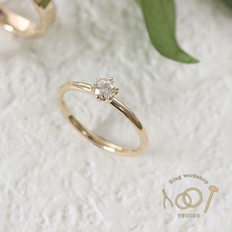 【ついぶ工房】 【想いを込めた手作り婚約指輪】K18イエローゴールド・甲丸型・6本爪・鏡面仕上げ