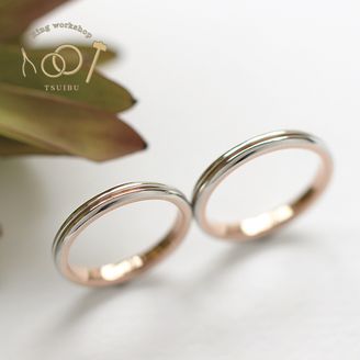 【ついぶ工房】【二人の想いが詰まった手作り結婚指輪】プラチナ/K18ピンクゴールド・甲丸型・コンビリング・ライン・鏡面仕上げ