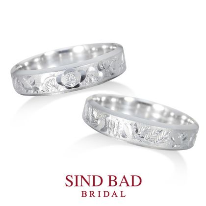 【SIND BAD(シンドバット)】和彫シリーズ -松竹梅- 4ｍｍ幅~縁起物の松竹梅を斜めカットのリングに～